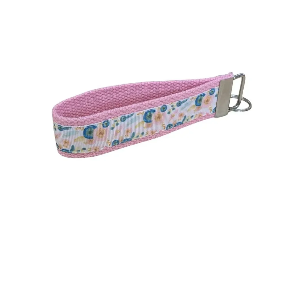 Floral Keychain Pink Teal Wristlet‎ Handmade Fabric Key FOB Flower Bohemian Boho
